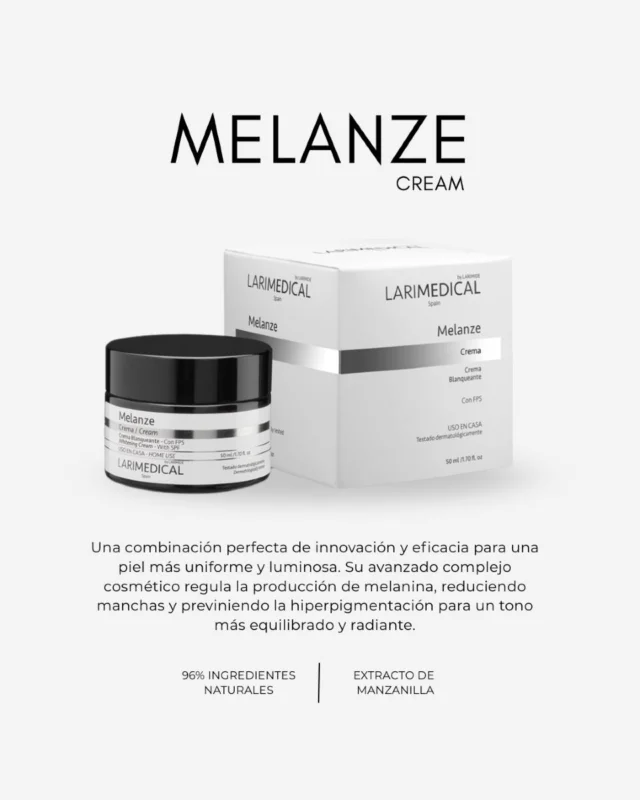 Melanze Cream | Solución avanzada para la regulación de la pigmentación ✨

Melanze Cream combina un 96% de ingredientes naturales 🌿 con un extracto de manzanilla para proporcionar una acción despigmentante eficaz. Su fórmula avanzada regula la producción de melanina, reduciendo las manchas y previniendo la hiperpigmentación, logrando una piel más uniforme y luminosa.

✔️ Regula la producción de melanina
✔️ Reduce manchas y previene la hiperpigmentación
✔️ Alta tolerancia dermatológica
✔️ Ideal para tratamientos de mantenimiento y post-procedimiento 🩺

Recomendado para clínicas y dermatólogos que buscan una solución profesional para mejorar la uniformidad del tono cutáneo en pacientes con alteraciones pigmentarias
___

Melanze Cream | Advanced solution for pigmentation regulation ✨

Melanze Cream combines 96% natural ingredients 🌿 with chamomile extract to deliver an effective depigmenting action. Its advanced formula regulates melanin production, reducing dark spots and preventing hyperpigmentation, resulting in a more even and radiant skin tone. 

✔️ Regulates melanin production
✔️ Reduces dark spots and prevents hyperpigmentation
✔️ High dermatological tolerance
✔️ Ideal for maintenance and post-procedure treatments 🩺

Recommended for dermatologists and aesthetic doctors looking for a professional solution to improve skin tone uniformity in patients with pigmentation disorders.

#Larimedical #PigmentationControl #MelaninRegulation #SkinUniformity #DepigmentationTreatment #ProfessionalDermatology #AdvancedSkincare #DermatologyCare #AestheticMedicine #HyperpigmentationSolution #ChamomileExtract #NaturalSkincare #SkincareProfessionals